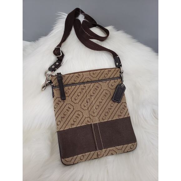 GORGEOUS Coach Word Signature Stripe Brown Crossbody Bag Movie Ticket - Picture 1 of 7